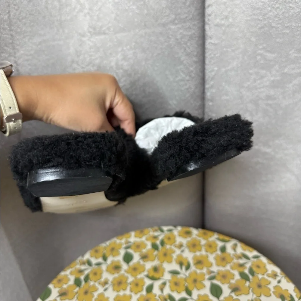 NEW ASTER Faux Fur Square Toe Mule Flat Black Women’s Sz 5